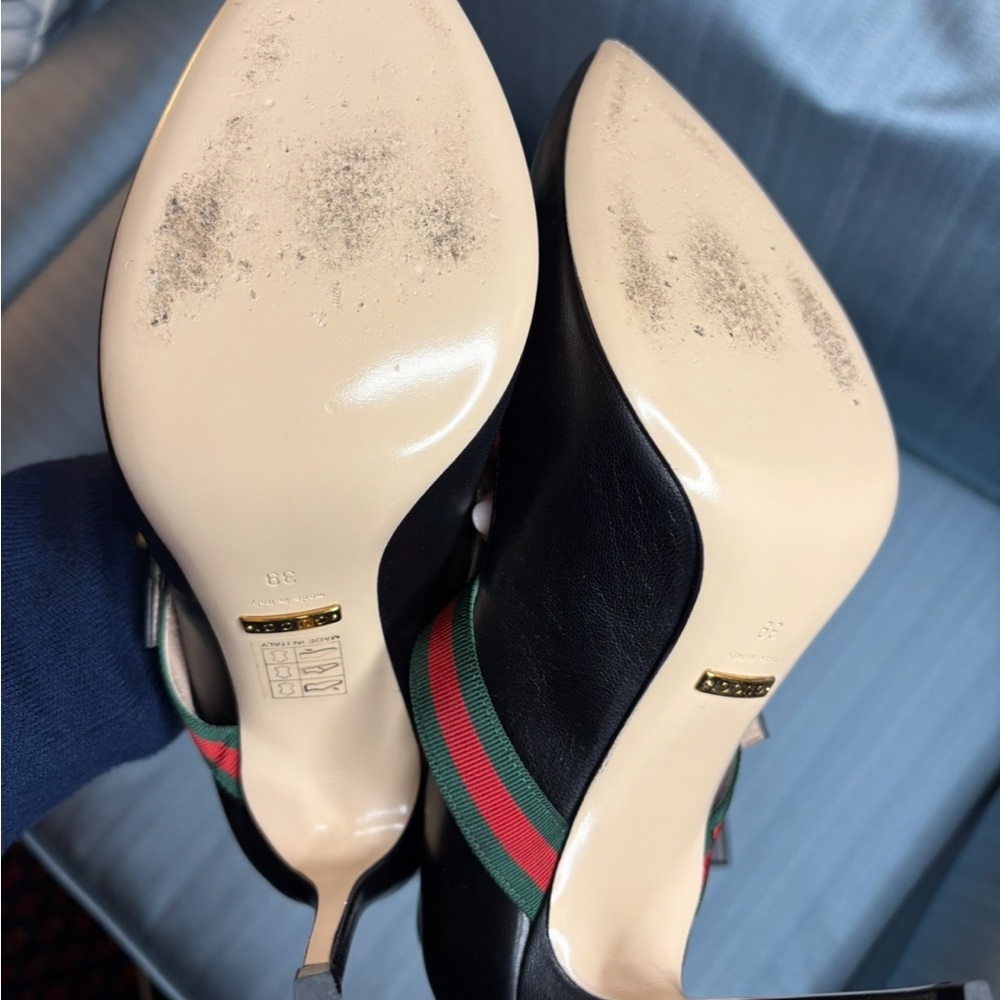 Authentic Gucci Sylvie leather pumps in black Mary Jane web strap Like New size - Picture 7 of 8